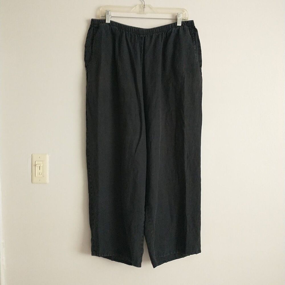 Flax Pull on Pants Womens L Black 100% Linen Wide Leg Cropped Lagenlook